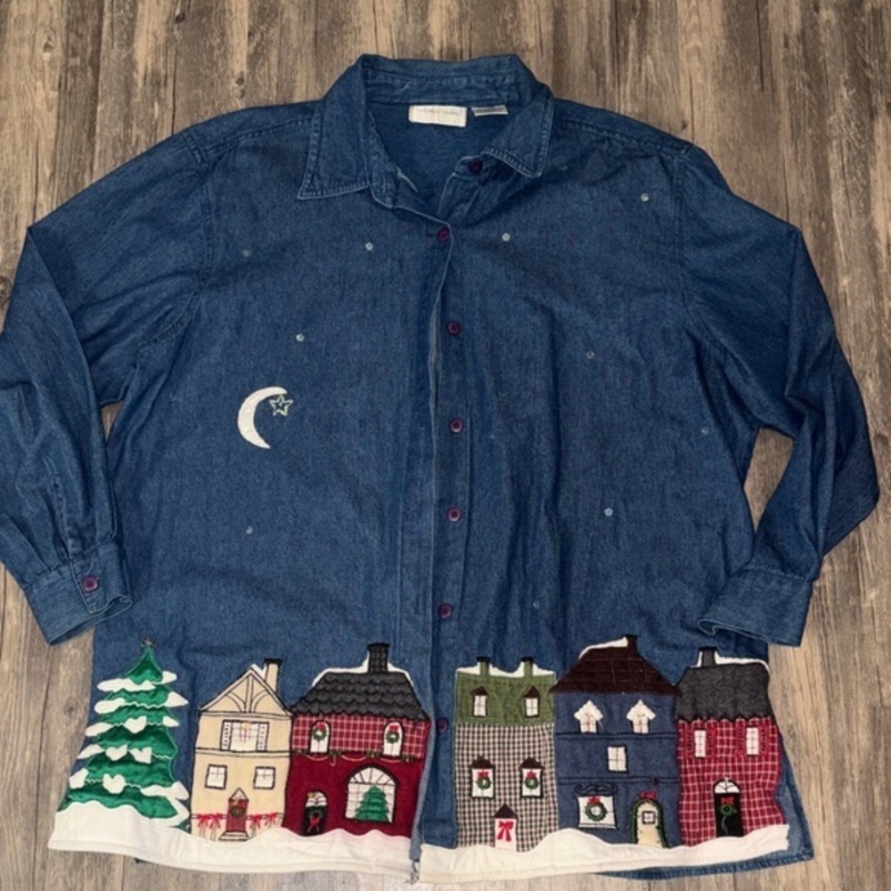 Vintage story book denim Christmas / winter top - XXL - cottage core